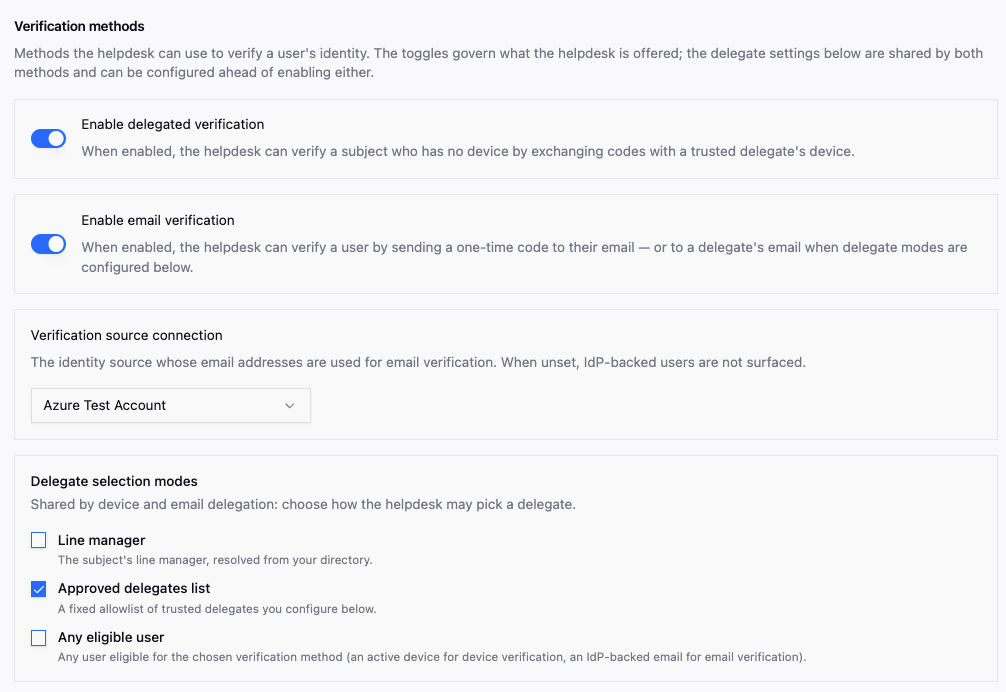 Verification methods settings
