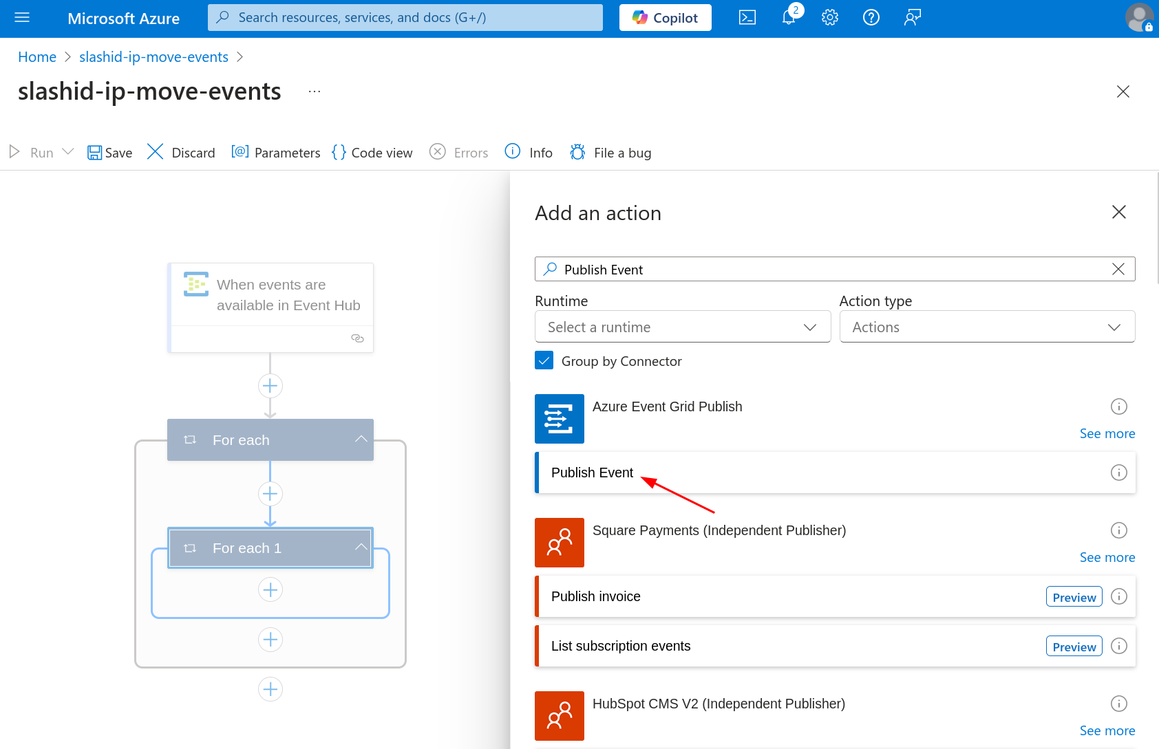 Add a &quot;Publish Event&quot; action to the Logic App